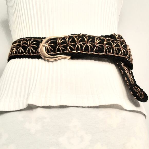 Handcrafted Black Boho Lux Crochet Belt With Gold Tone Starburst Embroidery - Picture 1 of 10